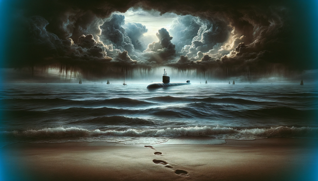 Artistic depiction of Cheviot Beach with turbulent ocean and dark clouds, symbolizing Harold Holt's mysterious disappearance. Foreground shows an empty beach with footprints leading to the sea, and a faint submarine silhouette in the background.