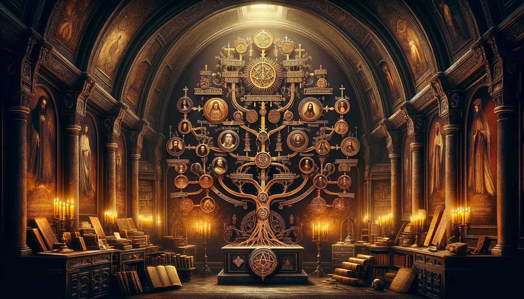 An artistic depiction of a secretive, candle-lit chamber filled with ancient artifacts and manuscripts, featuring a prominent, medieval-style family tree, representing Jesus bloodline, connecting him and Mary Magdalene to the Merovingian dynasty, surrounded by symbols of secret societies.