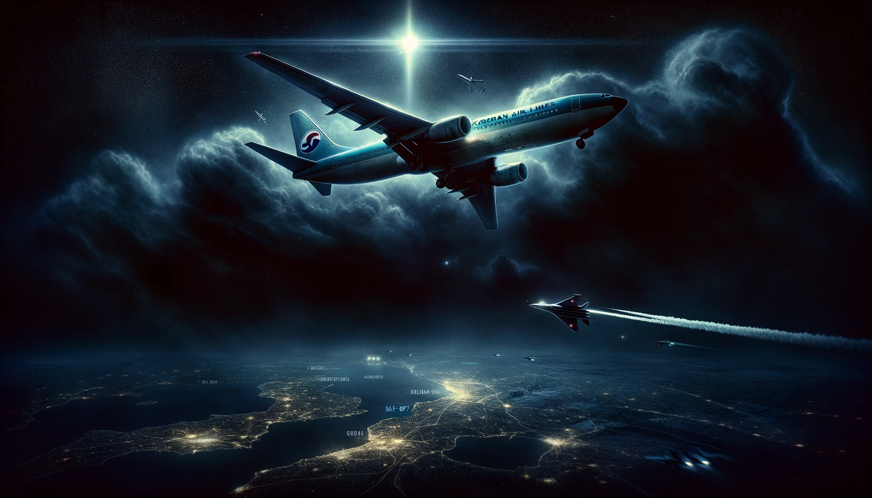 A commercial airplane in the night sky with dark clouds and a faint outline of a Soviet fighter jet below, symbolizing the tense and mysterious circumstances surrounding the Korean Air Lines Flight 007 incident.
