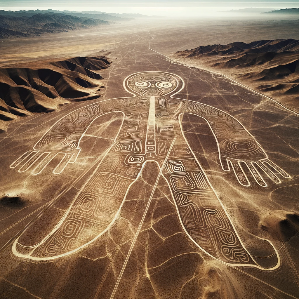 Artistic representation of a massive geoglyph in the Nazca Desert, resembling an ancient astronaut, set against a clear blue sky, highlighting the enigma of the Nazca Lines conspiracy theory." This image captures the essence of the Nazca Lines conspiracy theory, evoking a sense of mystery and wonder, and suggesting the intriguing possibility that these lines were created by or for extraterrestrial beings