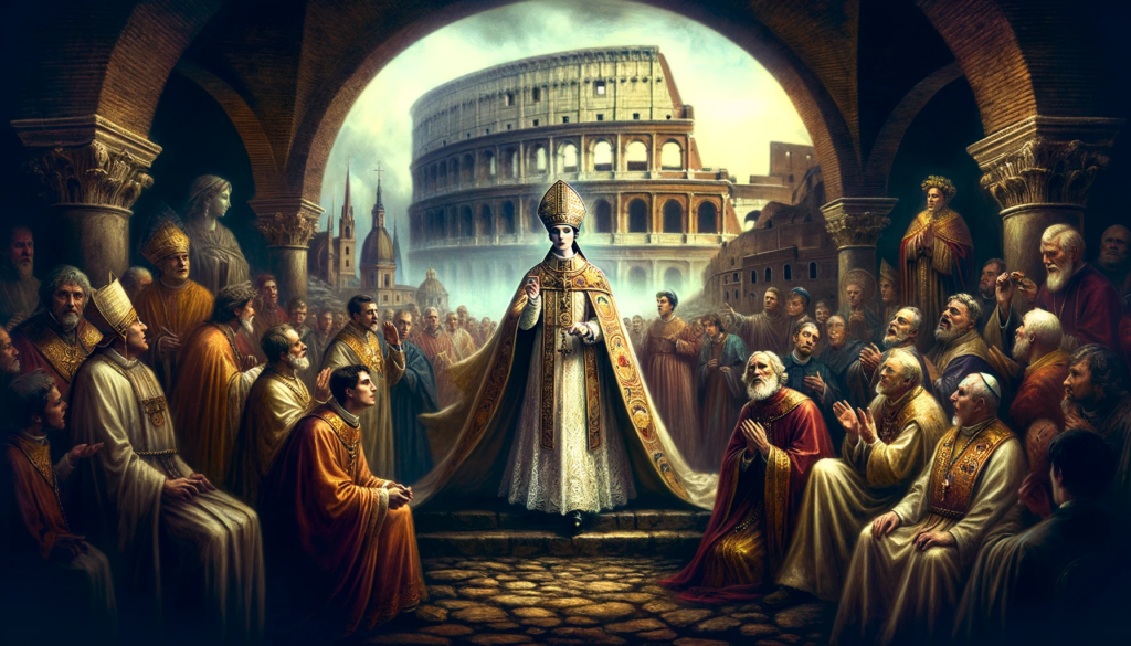 Artistic representation of the Pope Joan conspiracy, showing a figure in papal attire amidst shocked clergymen, with medieval Roman landmarks in the background.