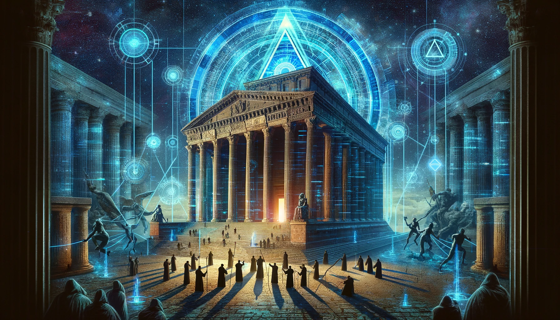 Evoking the religion, an ancient temple with modern digital code and holographic projections, surrounded by shadowy figures under a starry night sky.
