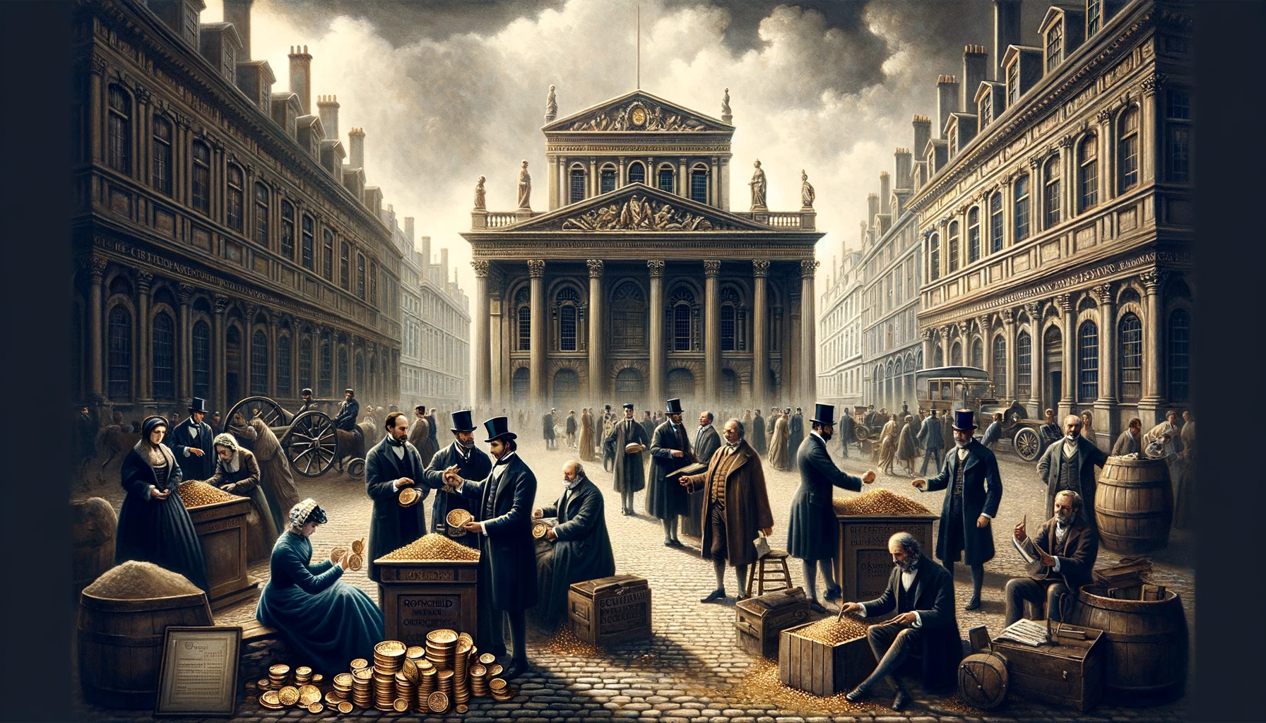 Rothschild Family, in an 18th-century European bank scene, depicting an imposing building in the background with a group of people in period attire in the foreground. Bankers and citizens are exchanging gold coins and paper money, symbolizing the era's power and influence of the mentioned family.