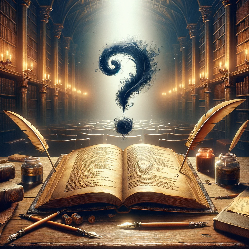 "An open ancient book on a wooden table with the name 'Shakespeare' blurred out, flanked by quill pens, under a question mark formed by ink, in a study filled with old books."