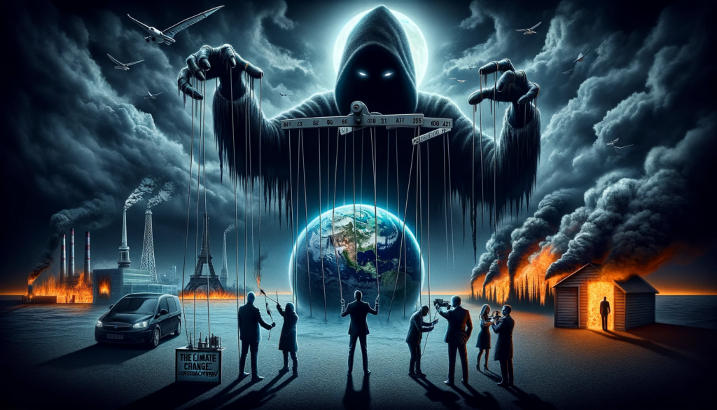 Artistic representation of the Climate Change Hoax conspiracy, showing shadowy figures controlling scientists, politicians, and media, with a distressed Earth in the background.