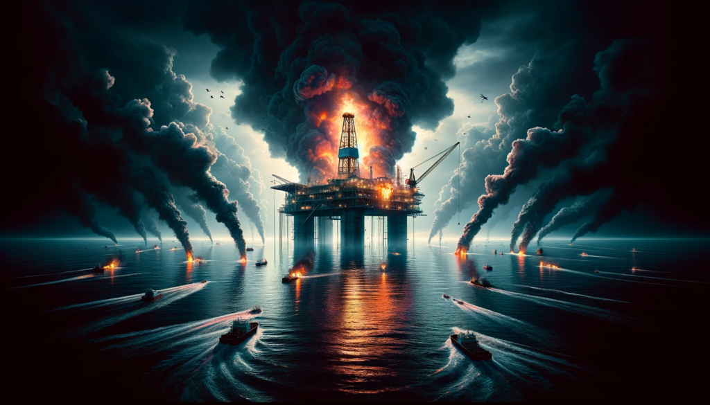 An offshore oil rig in the Gulf of Mexico engulfed in flames and smoke against a backdrop of dark clouds, with polluted waters around it, subtly hinting at hidden motives and conspiracy theories related to the Deepwater Horizon disaster