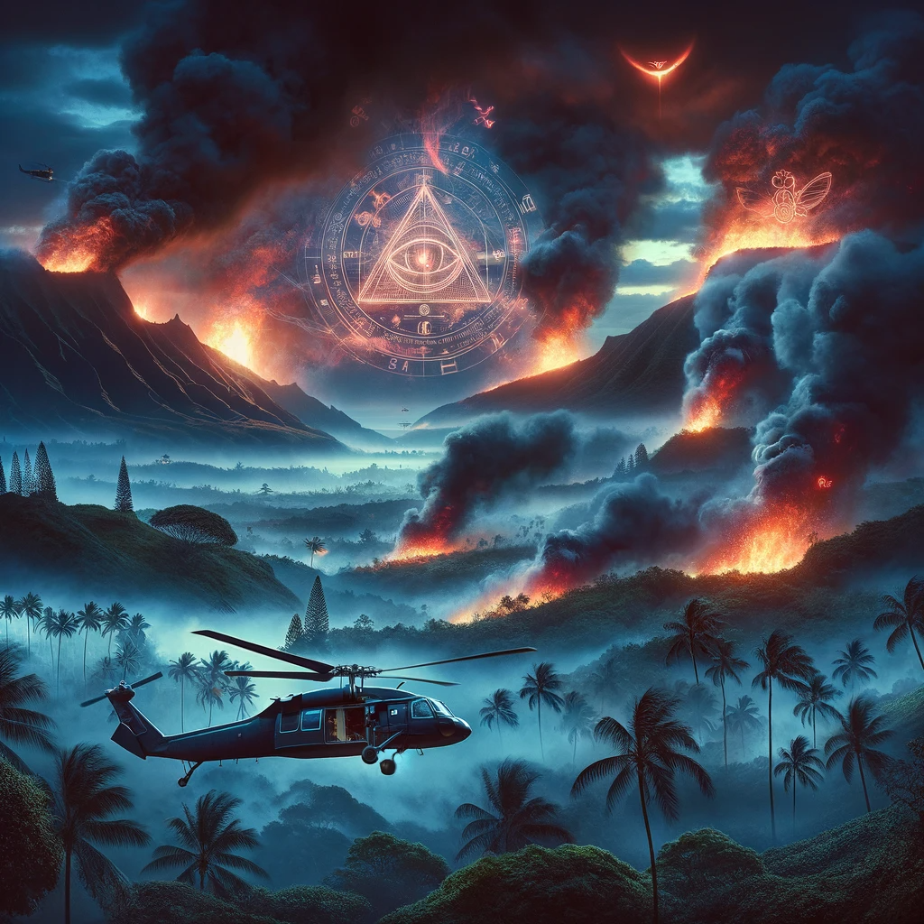 Artistic representation of the Hawaii Fires Conspiracy Theory with a wildfire in a Hawaiian landscape, mysterious symbols in the smoke, and a black helicopter against a dusk sky, symbolizing secrecy and hidden agendas