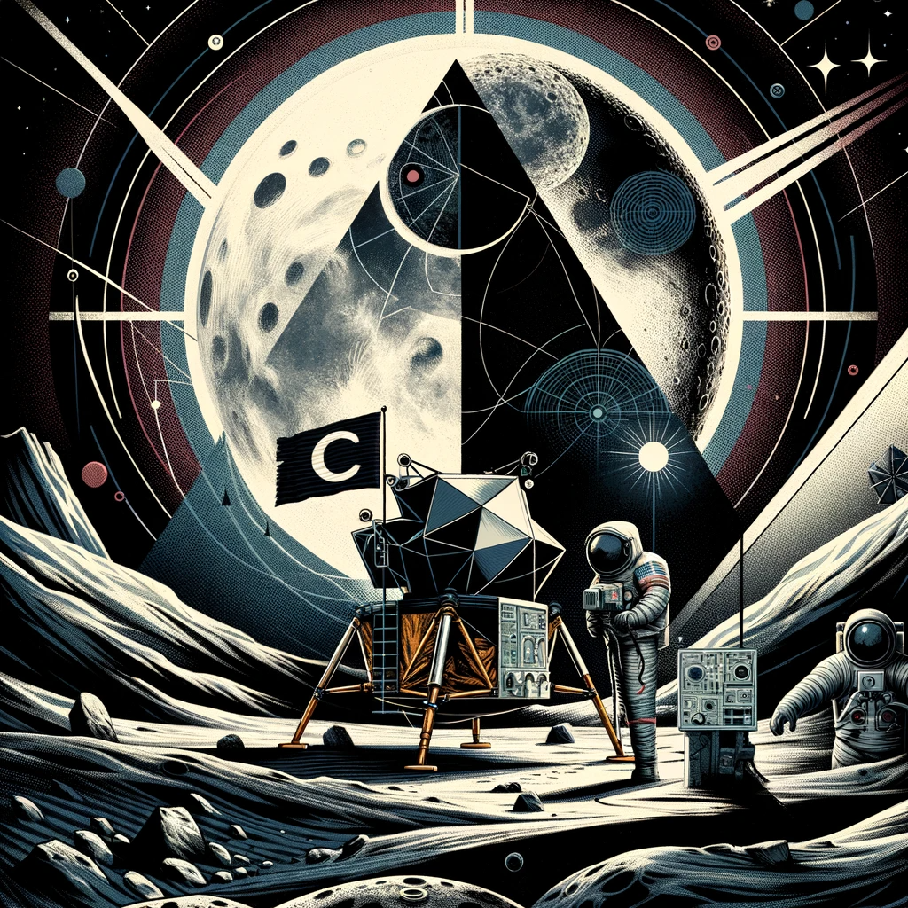 Artistic depiction of the Apollo moon landing with elements hinting at conspiracy theories: a lunar module, an astronaut, a waving flag, and a 'C' marked rock, all set against a dark, starless lunar sky, symbolizing ongoing skepticism and mystery.