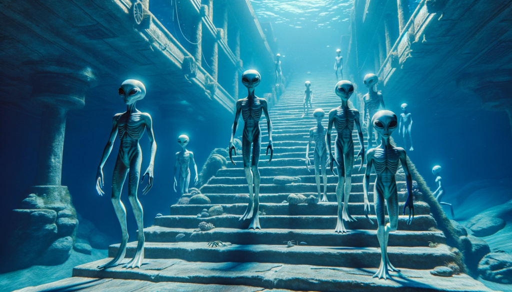 An underwater scene at the Yonaguni Monument showing both human divers and alien figures exploring the monumental underwater structures. The clear, deep blue water and the enigmatic presence of these beings stir the imagination about the origins and purpose of this controversial site.