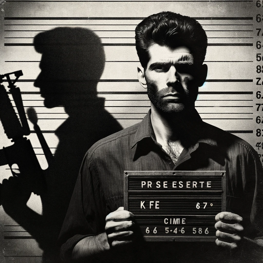 Black and white mugshot-style image of a man with features similar to Charles Harrelson, his face partly shadowed, standing next to the shadowy outline of a rifle, reflecting the intrigue of his alleged criminal past