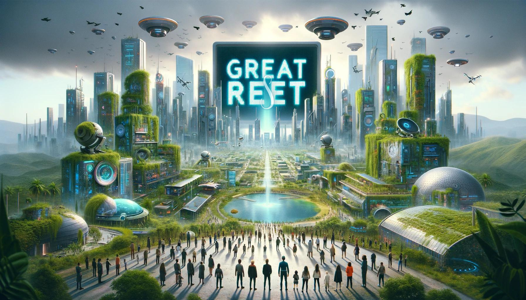 Futuristic cityscape with a giant digital screen displaying 'Great Reset', symbolizing the balance between technological advancement and societal oversight.