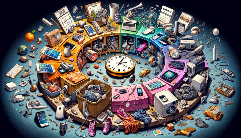 "Planned Obsolescence in Action: The Relentless Cycle of Consumerism - A satirical yet poignant reflection on the rapid pace of product replacement and its broader societal impacts."