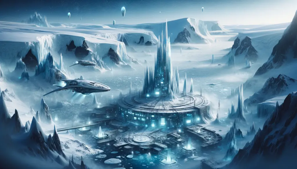 Alien technology hidden beneath the Antarctic ice, blending with the natural icy landscape