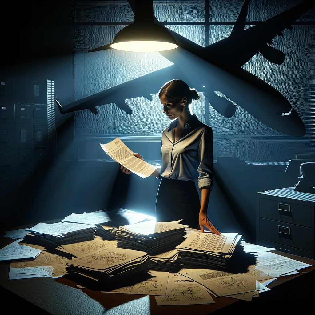 Boeing whistleblower scrutinizing documents in a shadowy room with a Boeing airplane silhouette in the background.