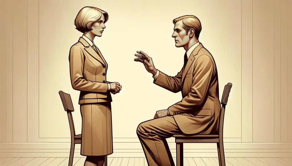 A man trains a short-haired blonde woman representing Hillary Clinton's body double in a two-piece suit on public speaking and presentation techniques in a neutral, well-lit space, highlighting the importance of preparation and confidence.