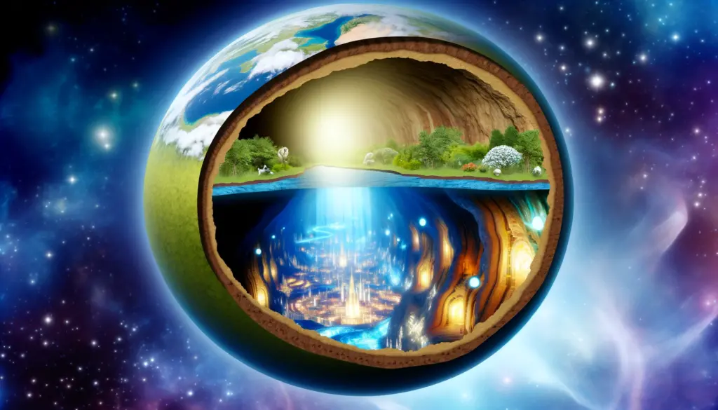Artistic representation of the Hollow Earth theory with a cross-section view of Earth, showcasing an illuminated inner world with advanced civilizations and exotic ecosystems, hidden beneath the surface landscapes.