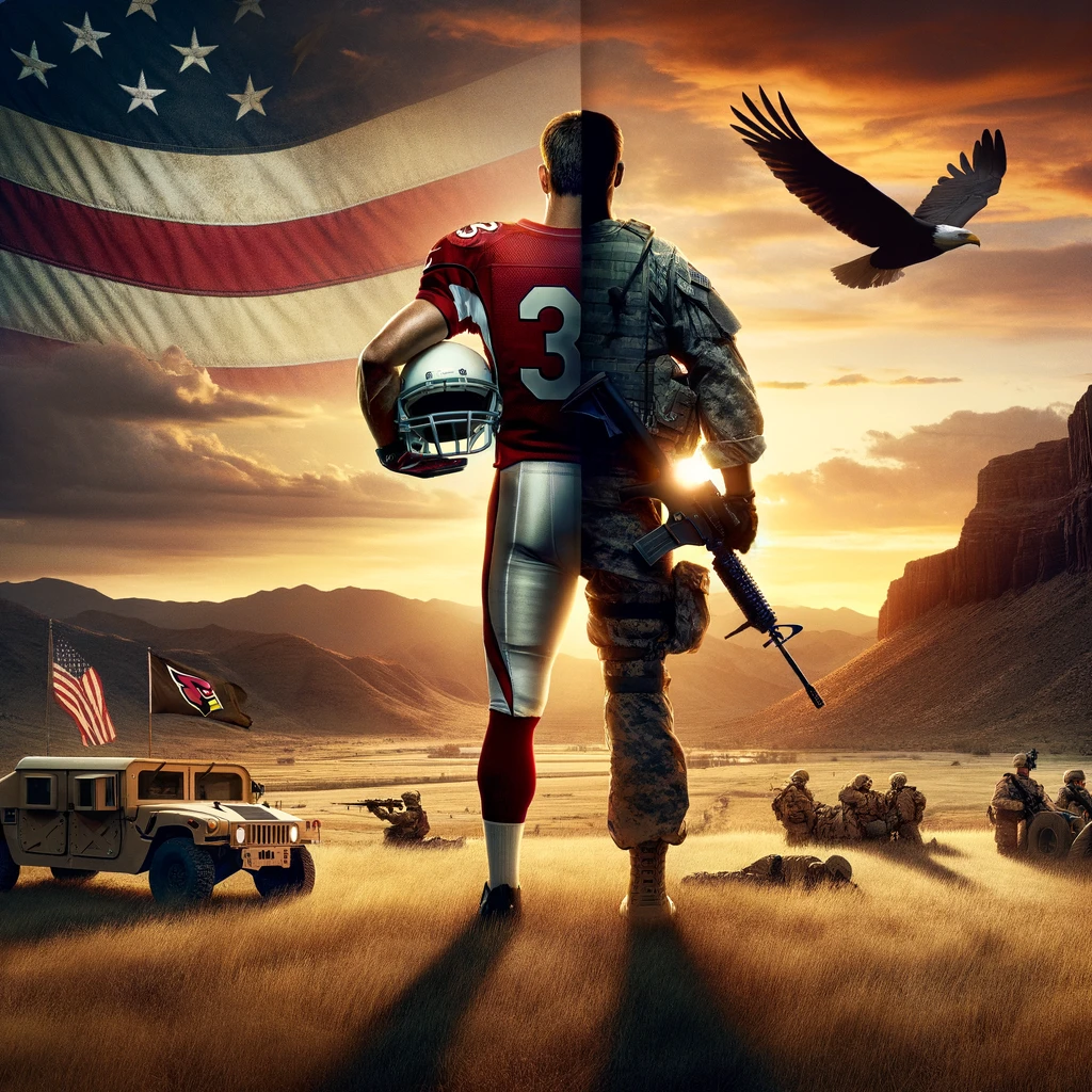 Silhouette of Pat Tillman split between his NFL uniform and Army Ranger gear, standing against a dramatic sunset over American and Afghan terrains