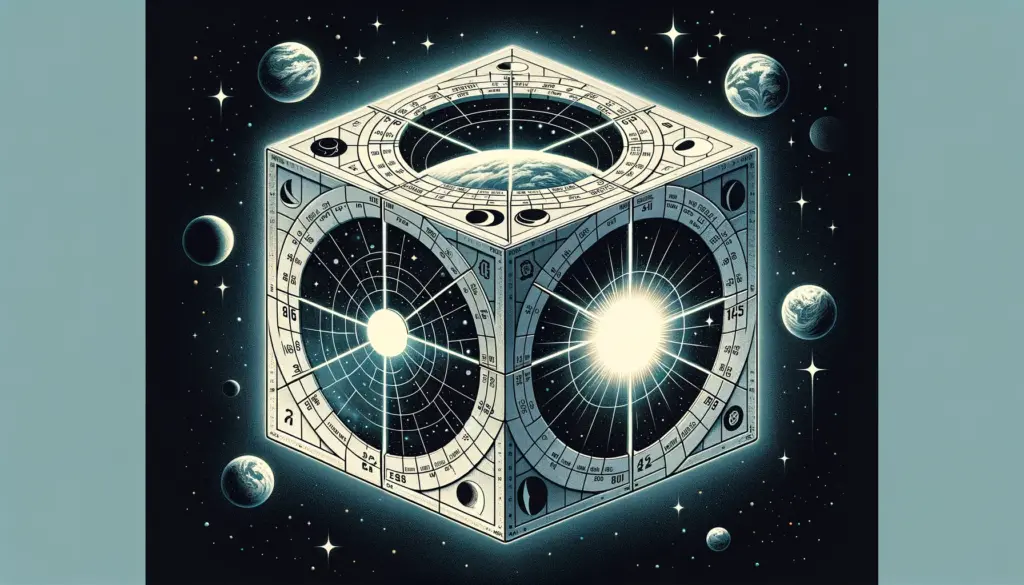 bstract representation of the Time Cube theory with a segmented cube in space, illustrating the four simultaneous days of Sunup, Midday, Sundown, and Midnight against Earth's backdrop.