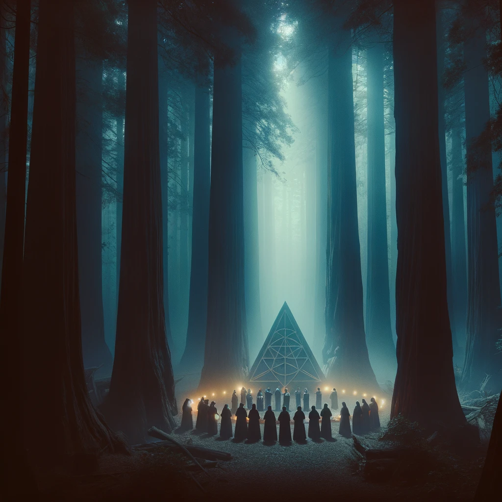 Mysterious cloaked figures gather around an effigy in the misty, ancient redwood forest of the Bohemian Grove, evoking the secrecy and intrigue of elite, clandestine meetings.