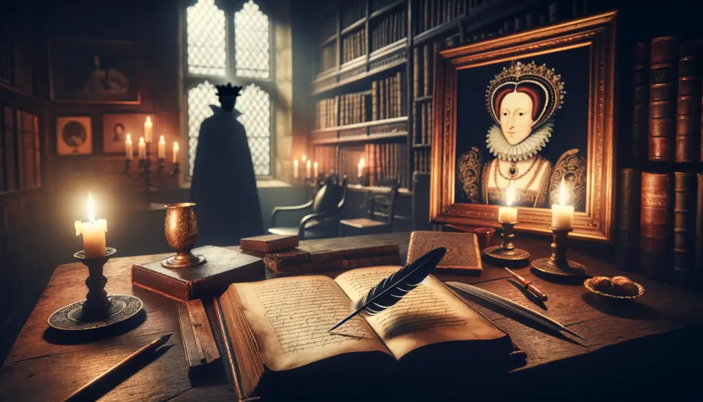 An Elizabethan-era study with a candlelit desk featuring a quill and manuscript, and background portraits of Queen Elizabeth I and a shadowy Edward de Vere, symbolizing the Prince Tudor Theory