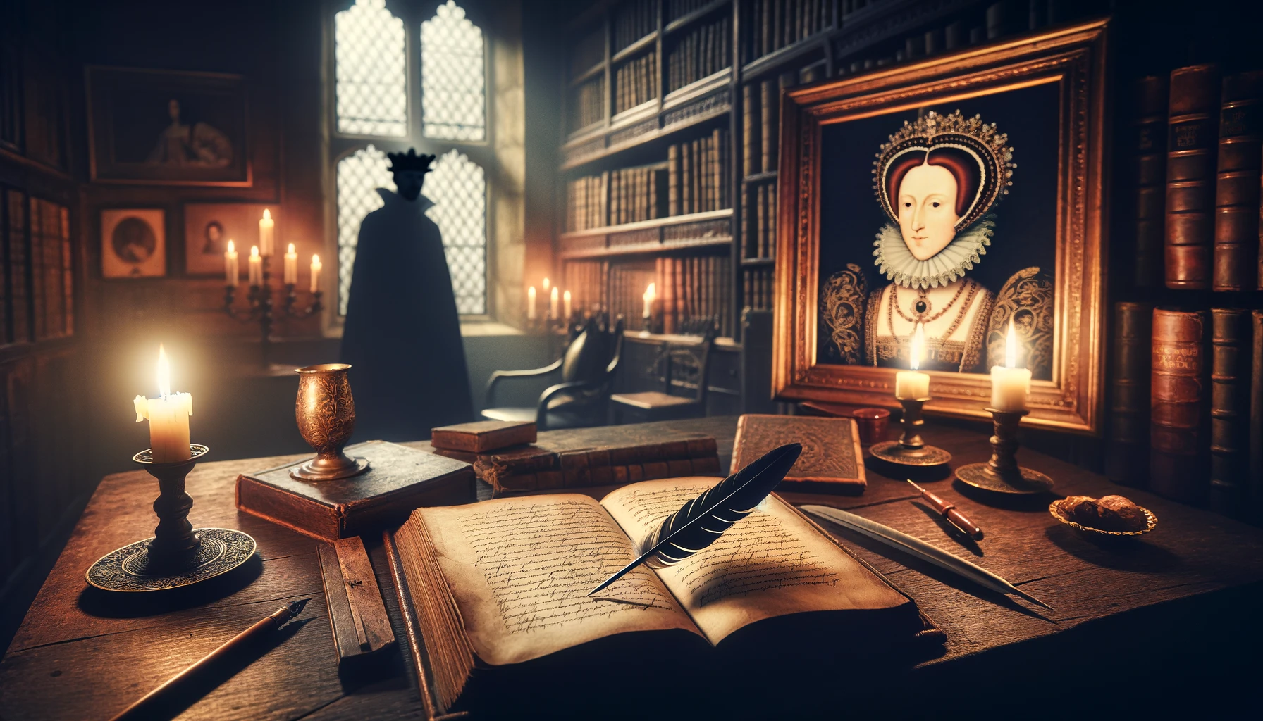 An Elizabethan-era study with a candlelit desk featuring a quill and manuscript, and background portraits of Queen Elizabeth I and a shadowy Edward de Vere, symbolizing the Prince Tudor Theory