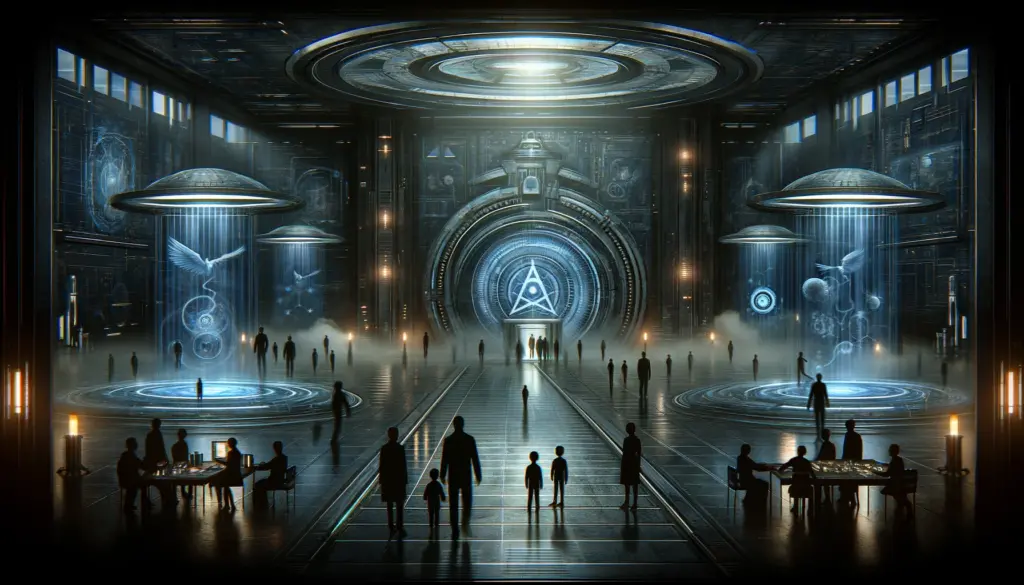 Mysterious and dark depiction of Project Pegasus with children and scientists in a secret government facility featuring advanced teleportation and time-travel technology.