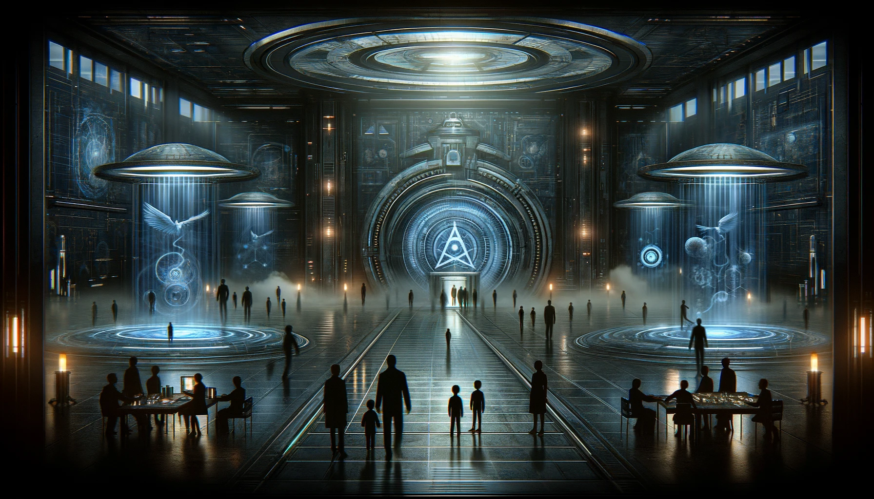 Mysterious and dark depiction of Project Pegasus with children and scientists in a secret government facility featuring advanced teleportation and time-travel technology.