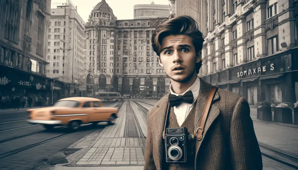 A young man in 1950s clothing with a vintage camera looks bewildered on a modern Kyiv street, symbolizing the Sergei Ponomarenko time travel conspiracy from 1958 to 2006.