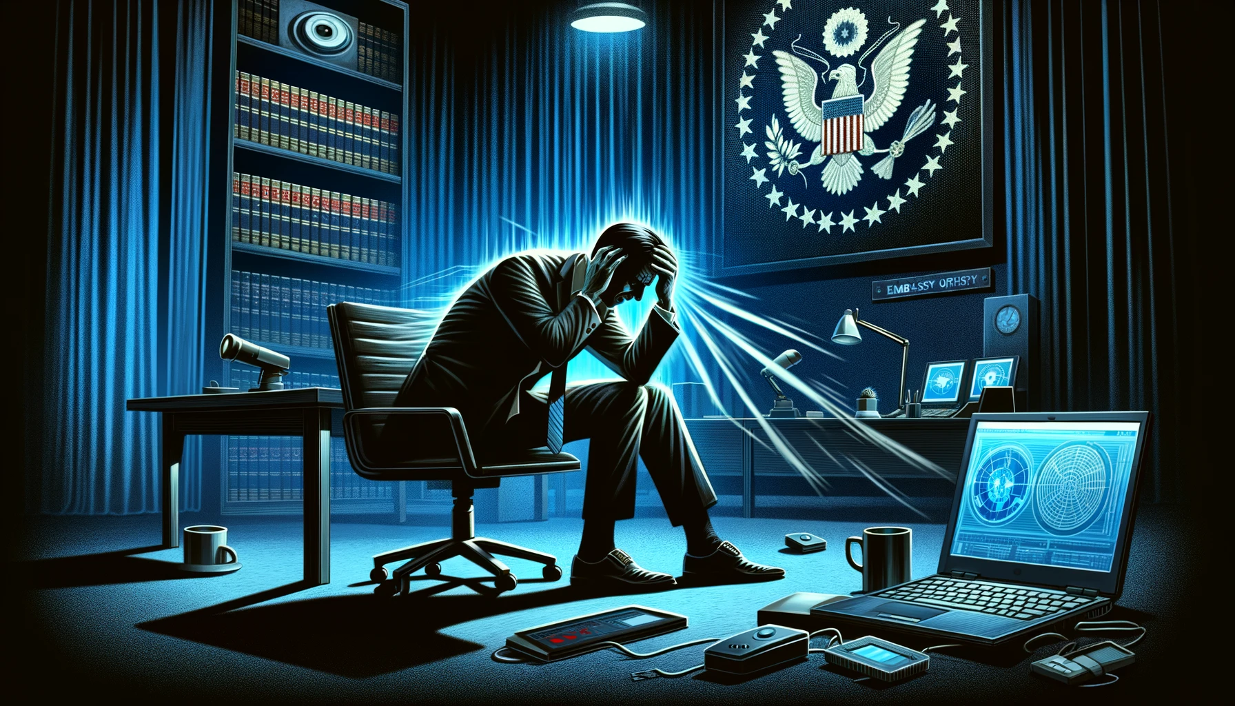 Diplomat experiencing severe headache in a dark embassy office, surrounded by surveillance equipment, illustrating the Havana Syndrome conspiracy linked to directed energy weapons and espionage.