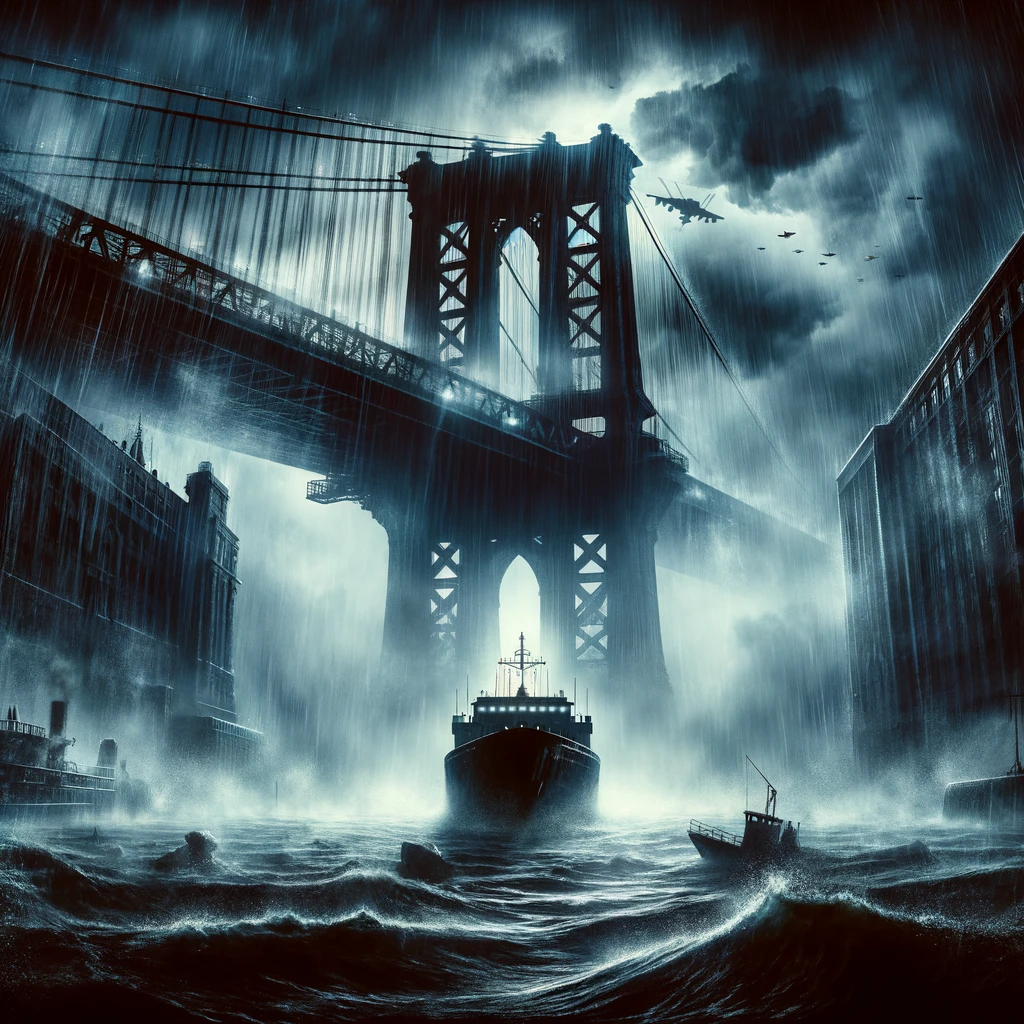 A shadowy ship approaches the Key Bridge under a stormy night sky, hinting at an impending collision and disaster.