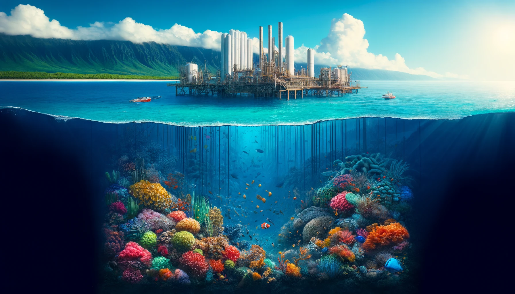 Contrasting image showing the pristine underwater environment of Kona with vibrant coral reefs and marine life on one side, and a dark, industrial aquaculture facility on the other, representing the Kona Blue Conspiracy Theory.