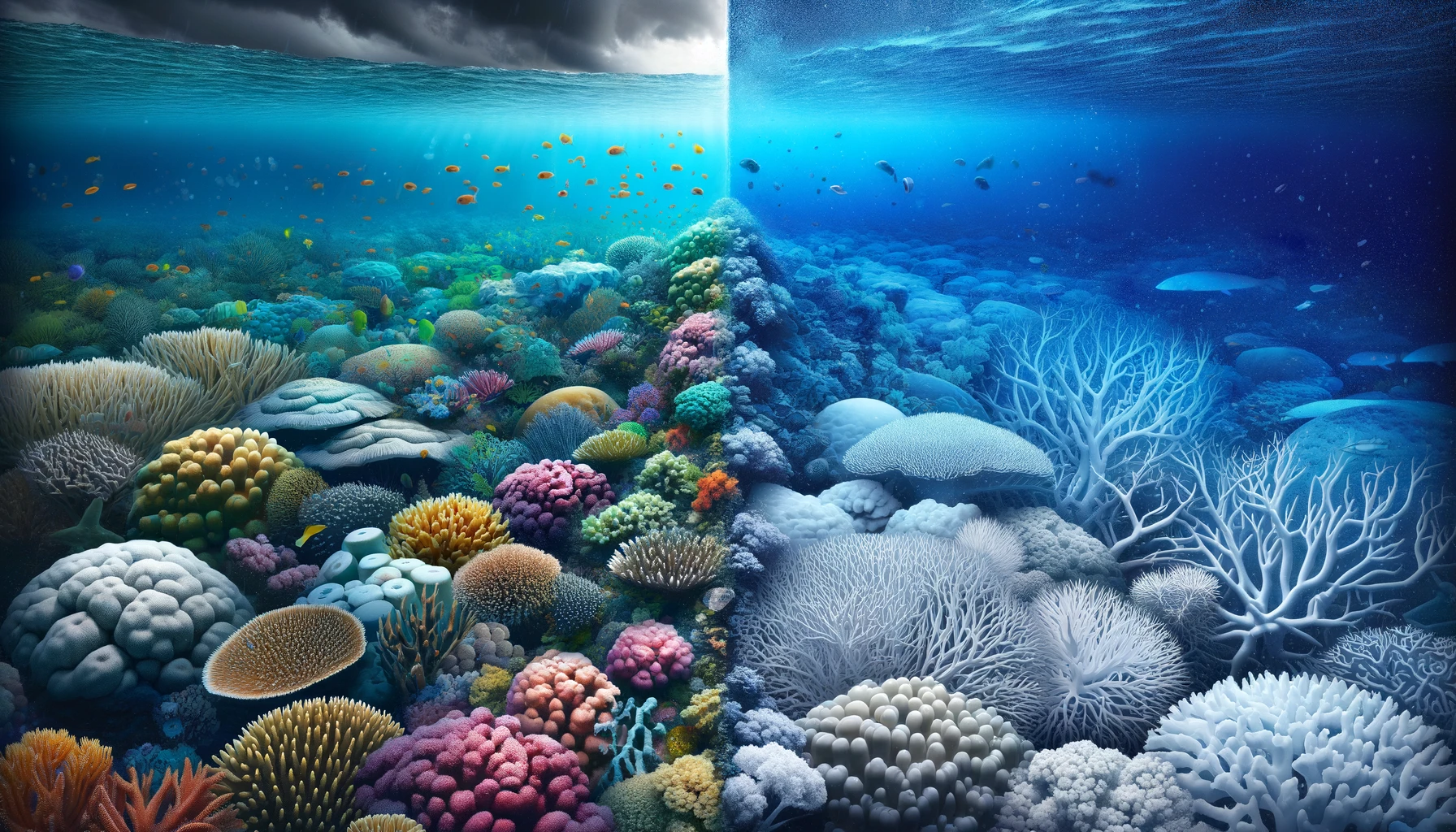 Dramatic contrast in a single image depicting half vibrant, colorful coral teeming with marine life and half bleached, dead coral, symbolizing the 'Reef Cover-Up' conspiracy in the Great Barrier Reef.