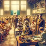 A 1940s medical setting in Guatemala showing researchers and vulnerable subjects, including prisoners and patients, highlighting the unethical nature of the Guatemalan Syphilis Experiment.