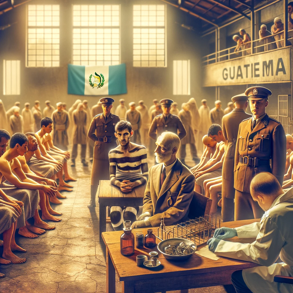 A 1940s medical setting in Guatemala showing researchers and vulnerable subjects, including prisoners and patients, highlighting the unethical nature of the Guatemalan Syphilis Experiment.