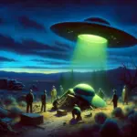 "Dramatic depiction of the Roswell UFO incident with 1940s military personnel investigating a glowing, partially buried object in a New Mexico landscape at dusk."