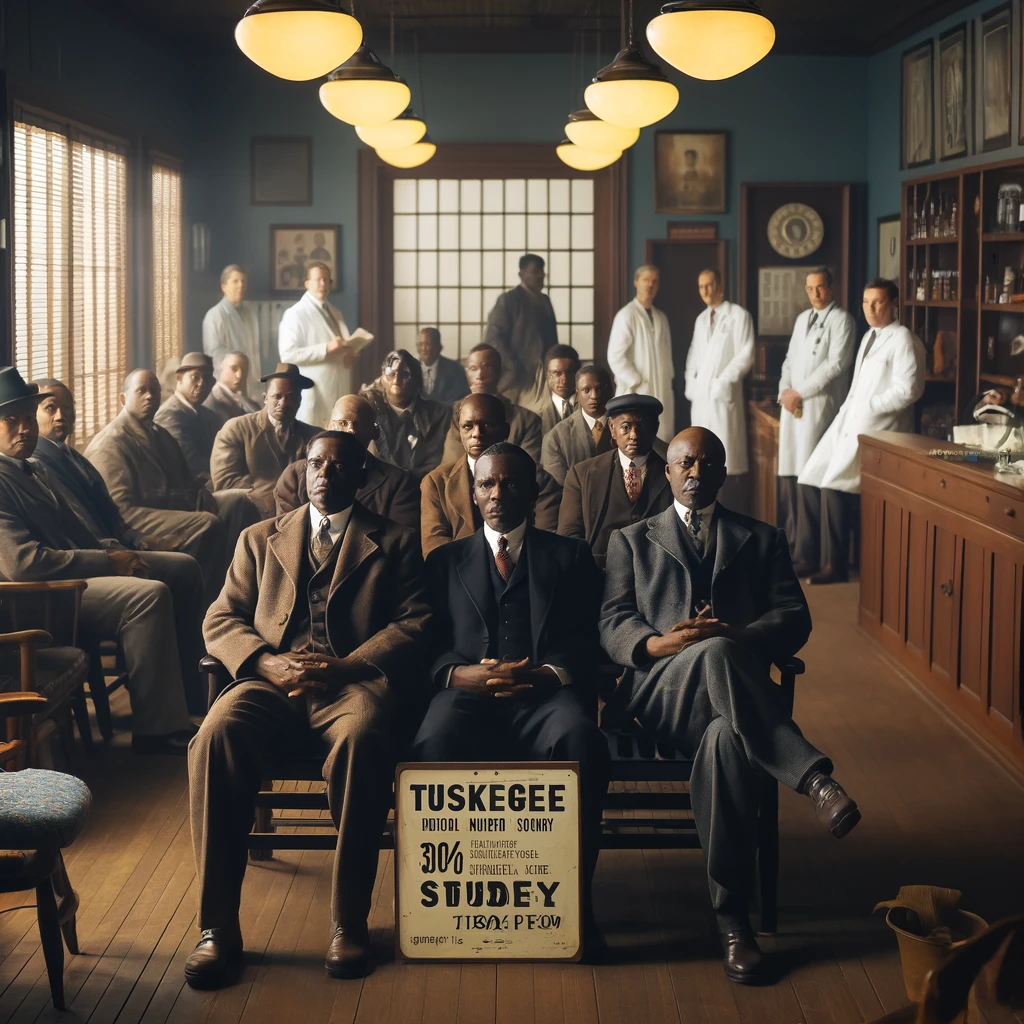 A historical medical study scene from the 1930s showing African American men sitting in a clinic waiting room with a sign reading "Tuskegee Study". The mood is serious and reflective.