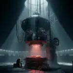 A dark and secretive laboratory scene depicting adrenochrome harvesting, with shadowy figures and a distressed subject connected to a sinister machine.