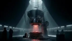 A dark and secretive laboratory scene depicting adrenochrome harvesting, with shadowy figures and a distressed subject connected to a sinister machine.