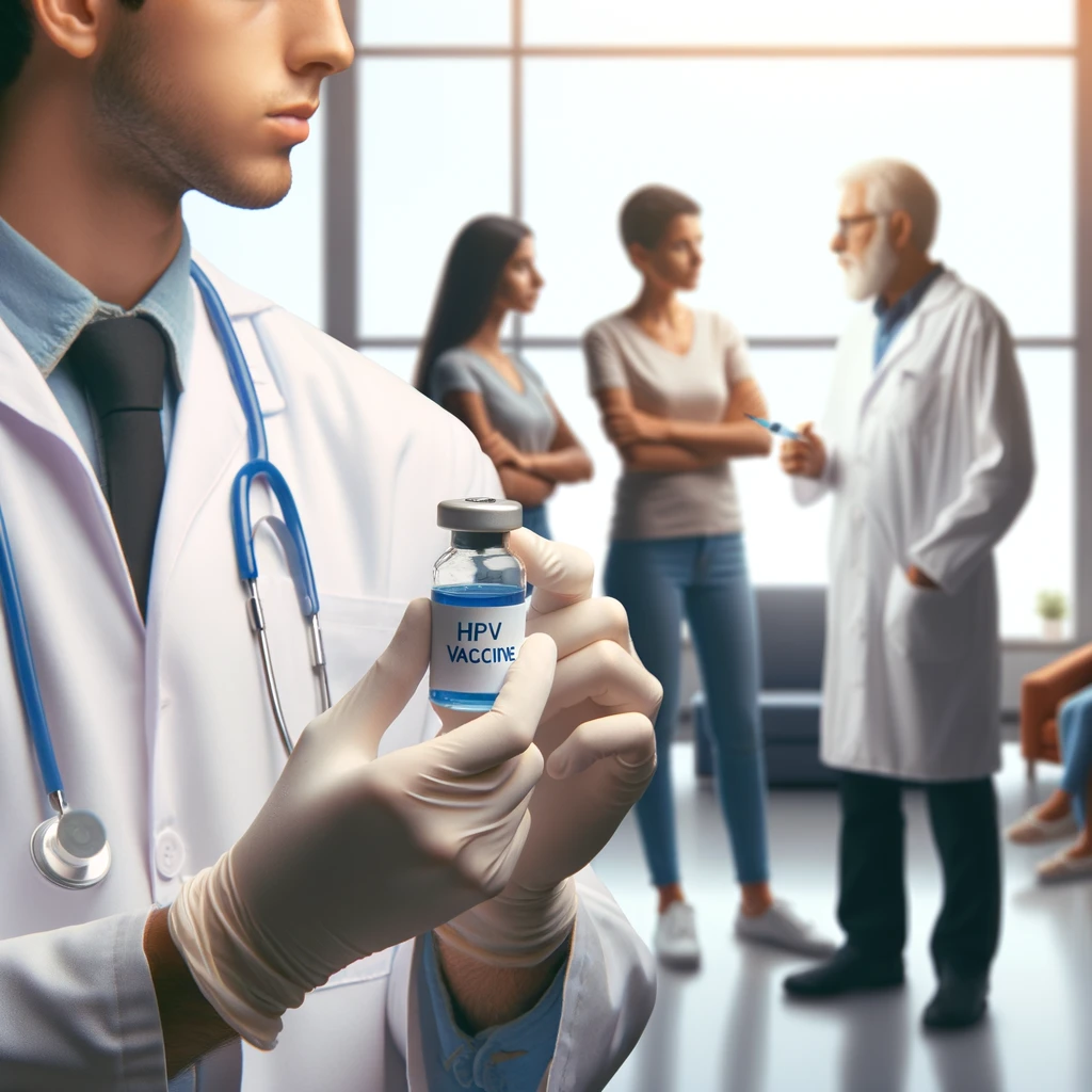 A healthcare setting showing a doctor holding an HPV vaccine vial, with two groups in the background: one supportive and the other skeptical and concerned.