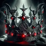 King Charles gothic crown adorned with demonic elements, including twisted metal, red glowing jewels, and ominous symbols, set against a shadowy background with eerie lighting.