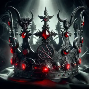 King Charles gothic crown adorned with demonic elements, including twisted metal, red glowing jewels, and ominous symbols, set against a shadowy background with eerie lighting.