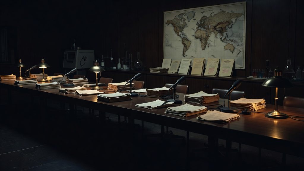 Empty Cold War treaty chamber for a Biological Weapons Convention deep dive — ConspiracyRealist.com