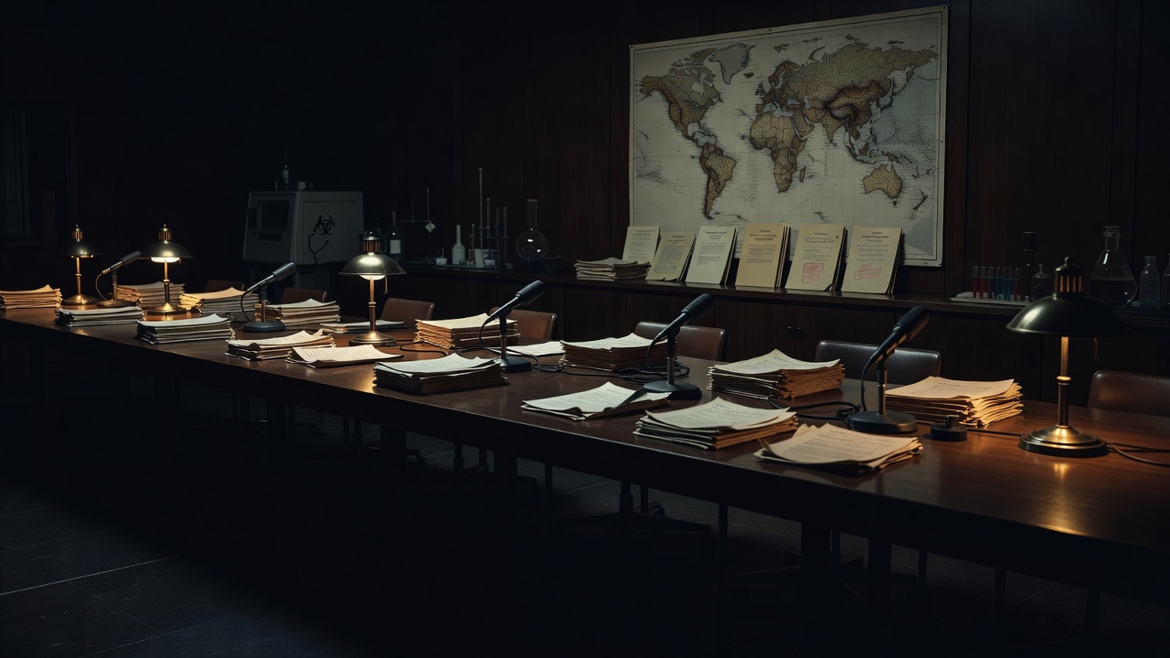 Empty Cold War treaty chamber for a Biological Weapons Convention deep dive — ConspiracyRealist.com