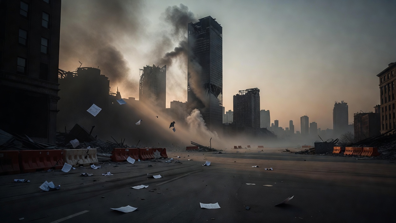 Smoke-shrouded view evoking the Building 7 collapse debate — ConspiracyRealist.com