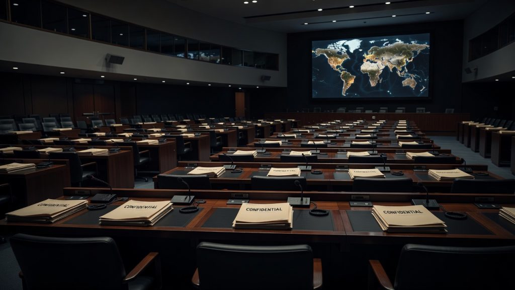 Empty United Nations conference chamber representing BWC Article V consultations — ConspiracyRealist.com