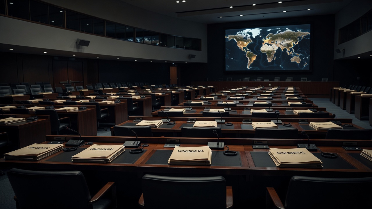 Empty United Nations conference chamber representing BWC Article V consultations — ConspiracyRealist.com