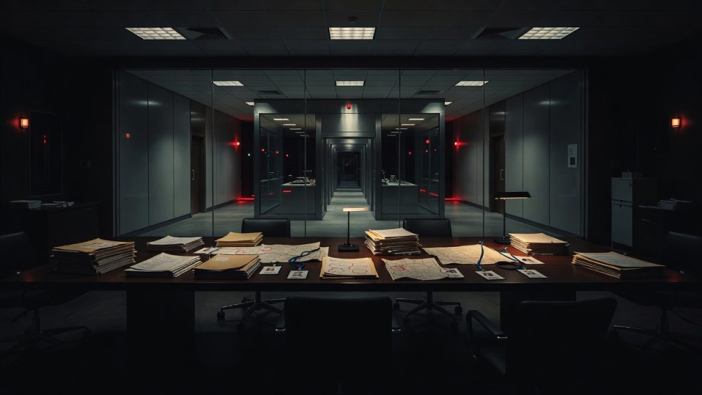 Dim treaty chamber and sealed lab corridor symbolizing BWC challenge inspections — ConspiracyRealist.com