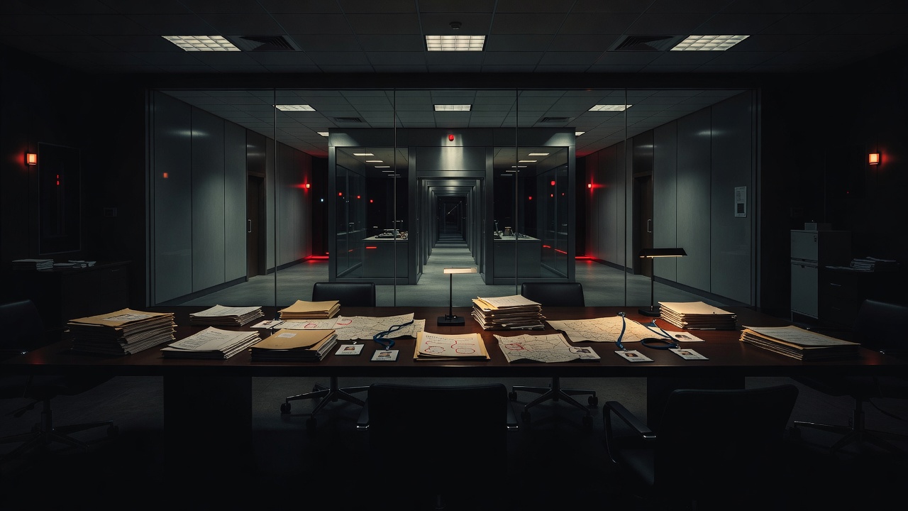 Dim treaty chamber and sealed lab corridor symbolizing BWC challenge inspections — ConspiracyRealist.com