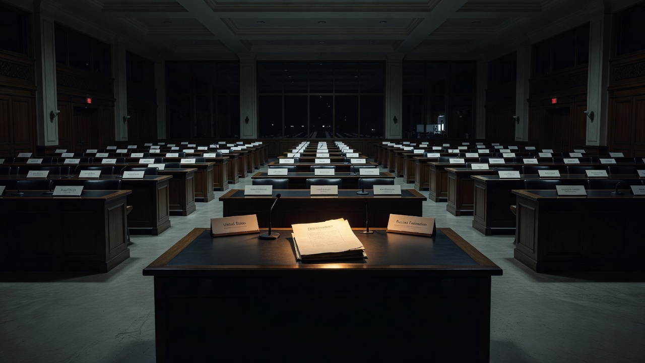 Empty Geneva conference chamber for BWC verification protocol article — ConspiracyRealist.com