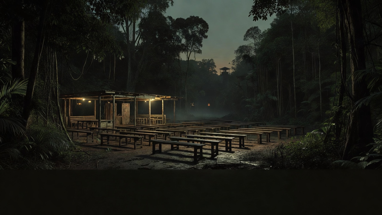 Remote jungle compound at night linked to Jonestown CIA black site theory — ConspiracyRealist.com